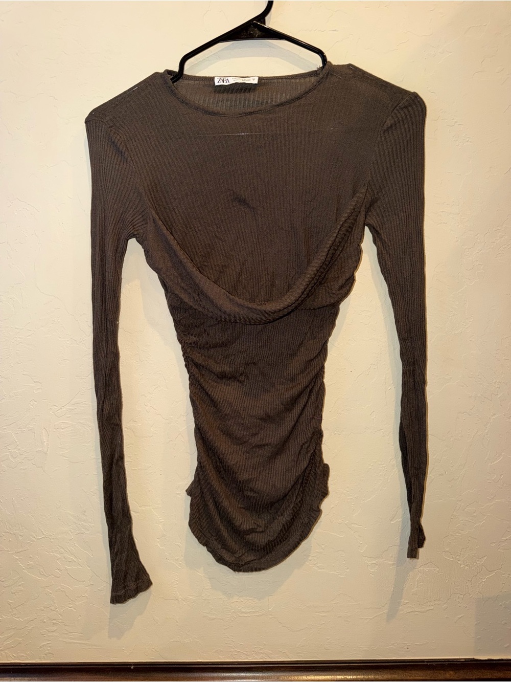 Zara Women’s Brown Ribbed Ruched Knit Top Round Neck Long Sleeve Size S
